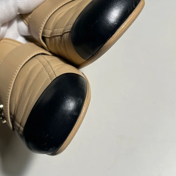 CHANEL Beige Leather Loafers with Black Cap Toe and Gold CC - Picture 2 of 16